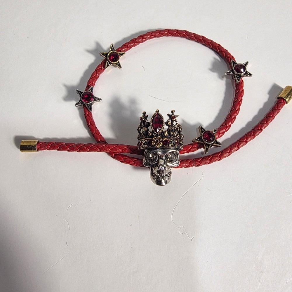 Alexander McQueen Red Braided Leather Skull Crown Star Wrap Bracelet Made Italy - Picture 7 of 11